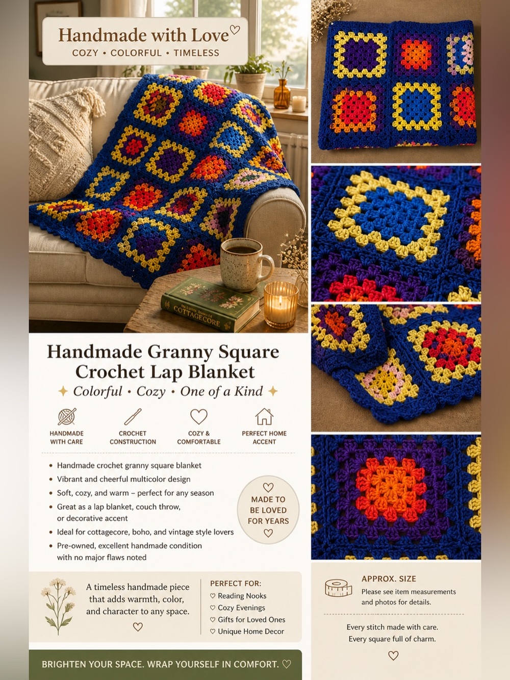 Handmade Granny Square Crochet Blanket Colorful Boho‎ Cottagecore Lap Throw